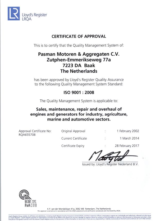 Pasman Motoren & Aggregaten Lloyd's ISO certificate 
